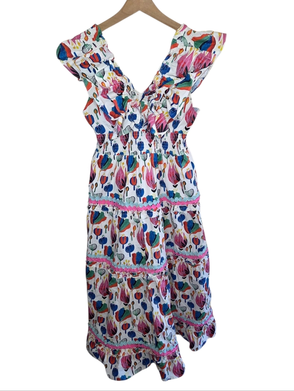 Boutique Colorful Floral Print V-neck Whimsical Preppy Maxi Dress Size XS
